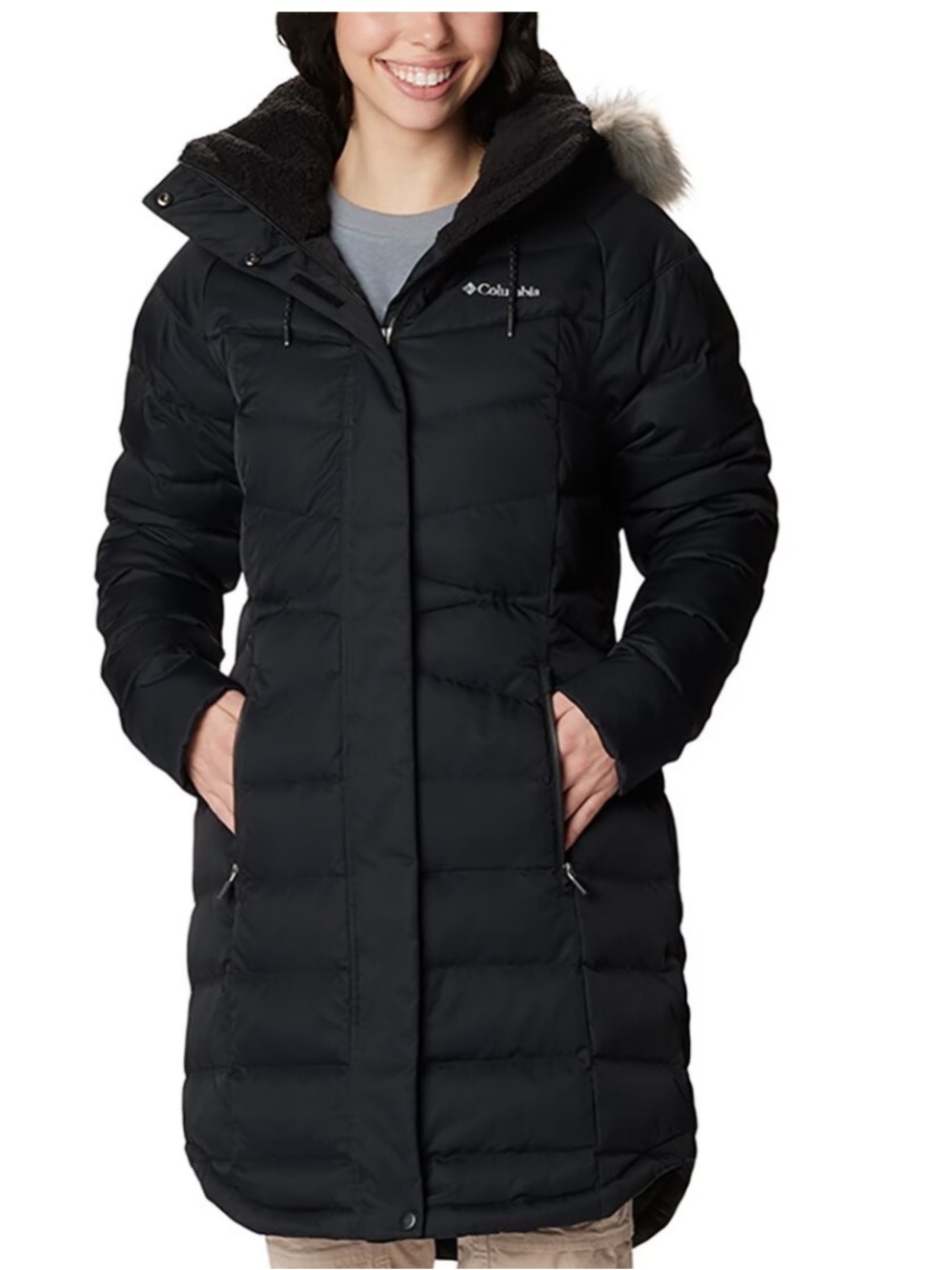 Columbia Puffer Belle Isle Mid Down Jacket Faux Fur Detachable Hood Black M